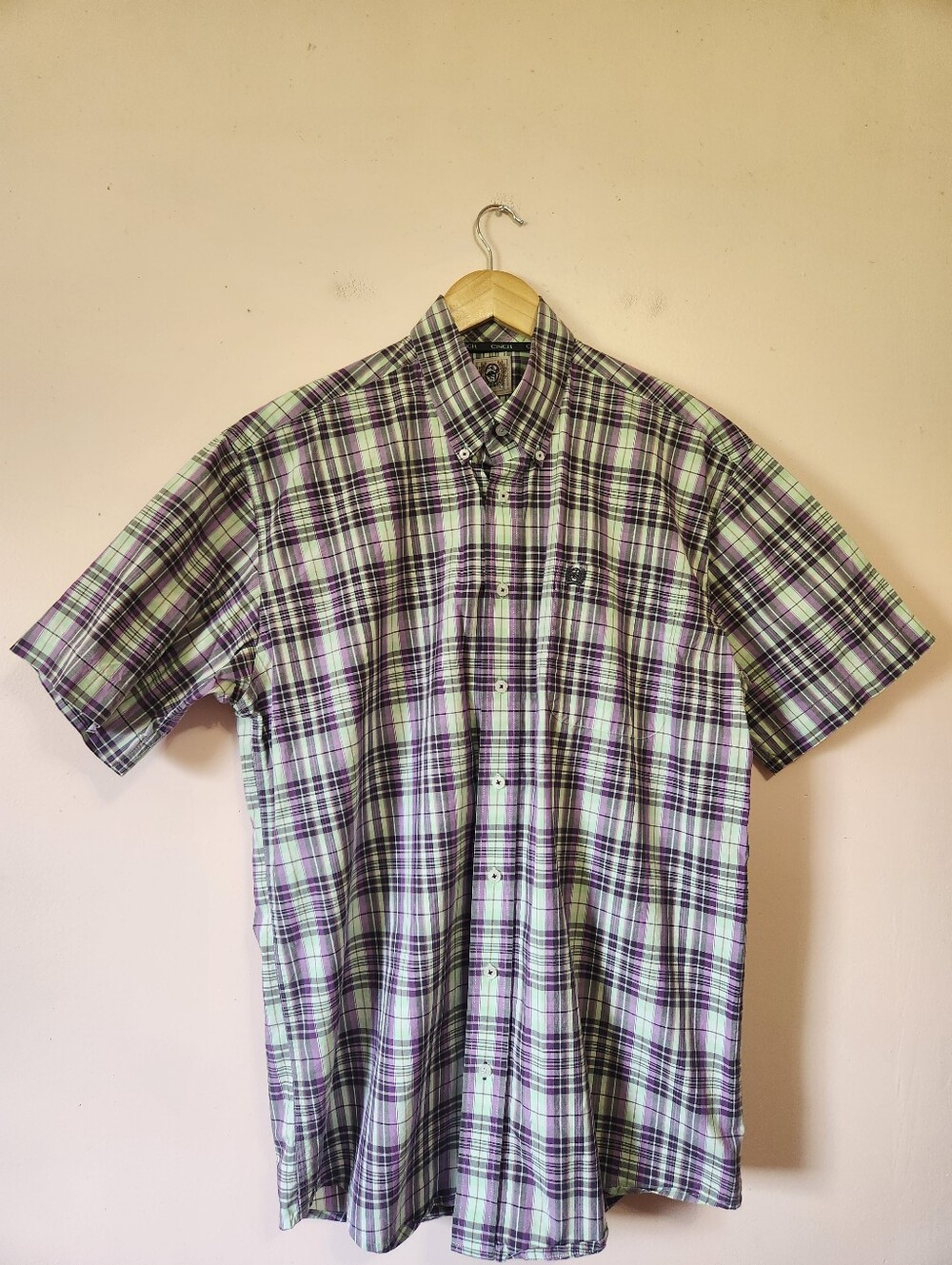 CINCH Mens Purple Green Plaid Short Sleeve Western Button Down Shirt Medium M